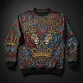 TITAN Sport Global crew neck sweatshirt with colorful graphic print of lions, crowns, and ornate baroque patterns.