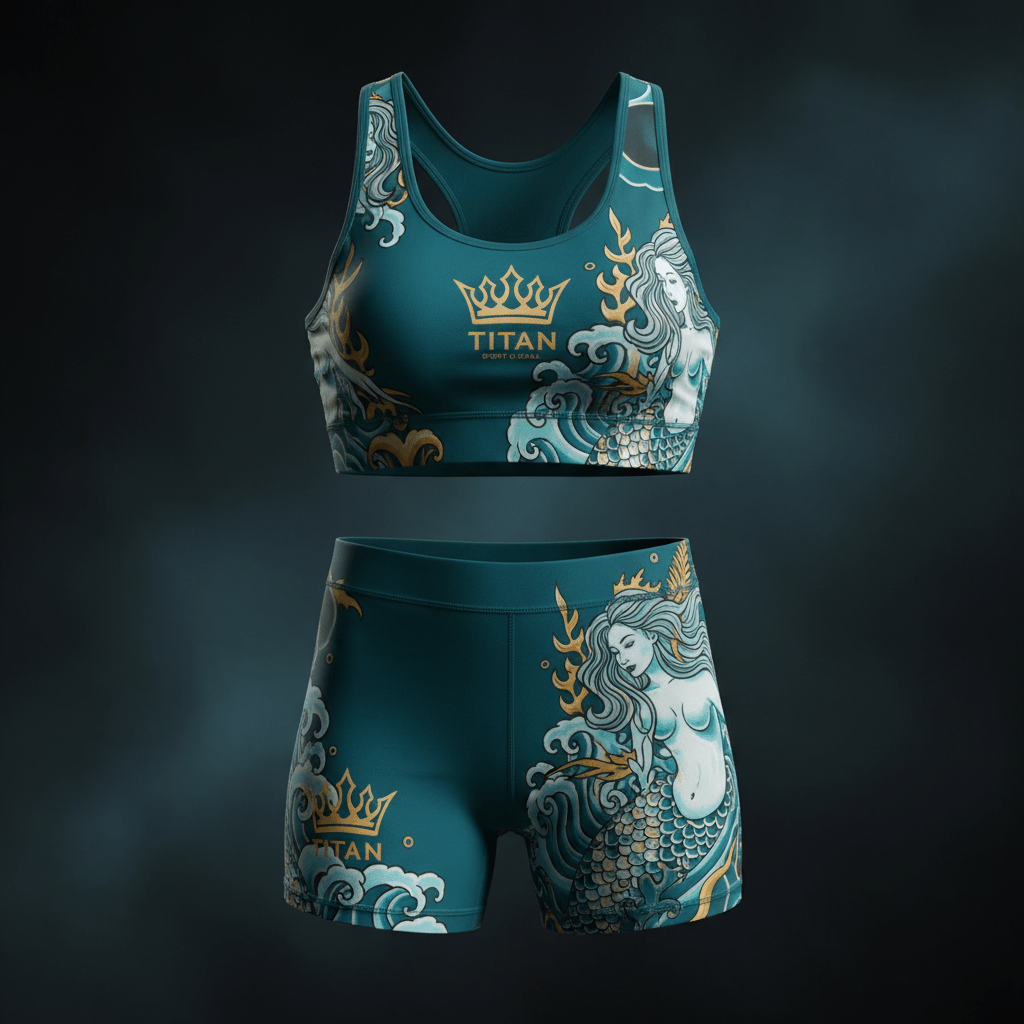 TITAN Unisex Slimming Compression Sports Bra and Shorts Set - Ocean Teal Mermaid Crown Edition