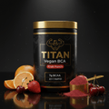 Black Titan Vegan BCAA tub with gold lid, "Fruit Punch" label, surrounded by oranges, strawberries, cherries, and scoop.