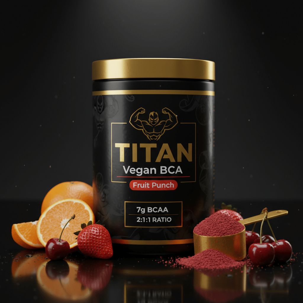 Black Titan Vegan BCAA tub with gold lid, "Fruit Punch" label, surrounded by oranges, strawberries, cherries, and scoop.