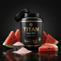 Black TITAN Vegan BCAA tub, Watermelon flavor, with gold text, watermelon slices, and pink powder on black background.