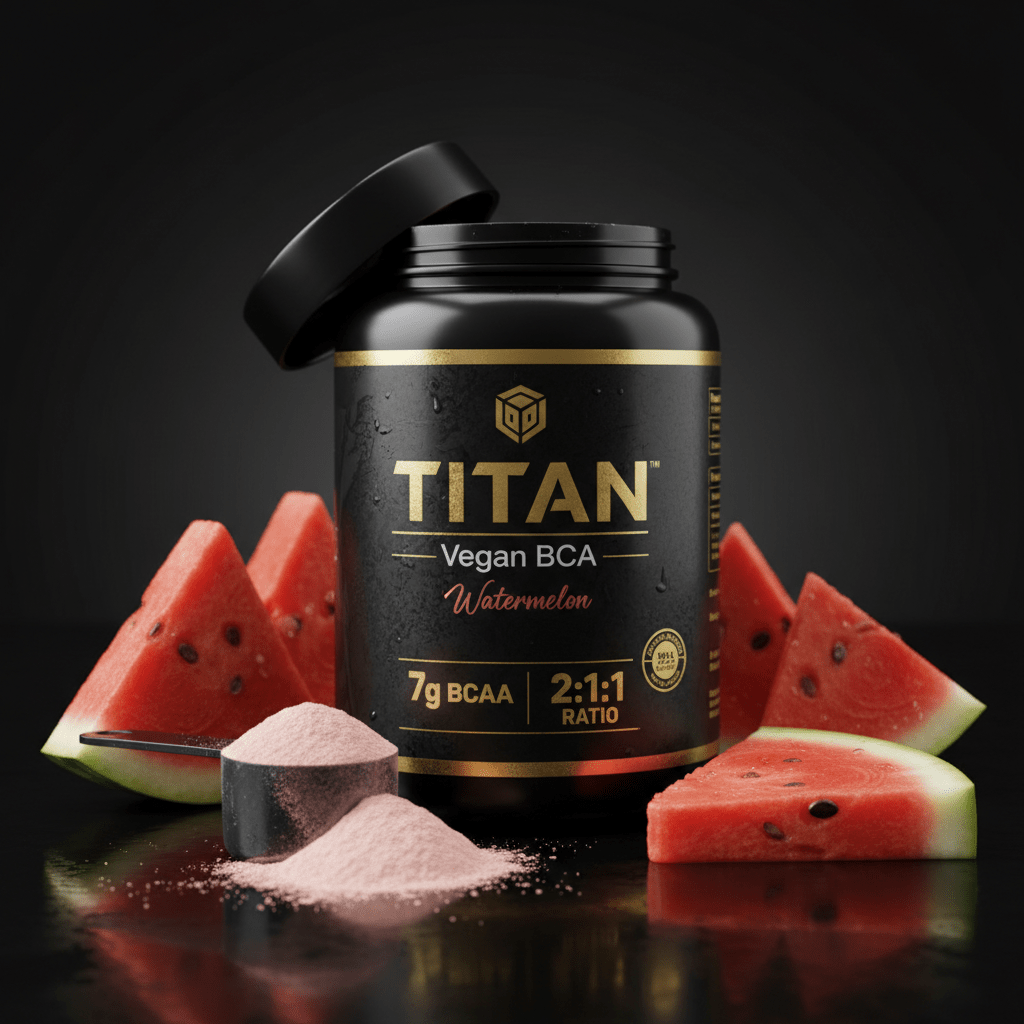 Black TITAN Vegan BCAA tub, Watermelon flavor, with gold text, watermelon slices, and pink powder on black background.