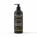 Matte black 16oz pump bottle of Titan Vegan Body Wash with gold text and graphics on a clean white background.