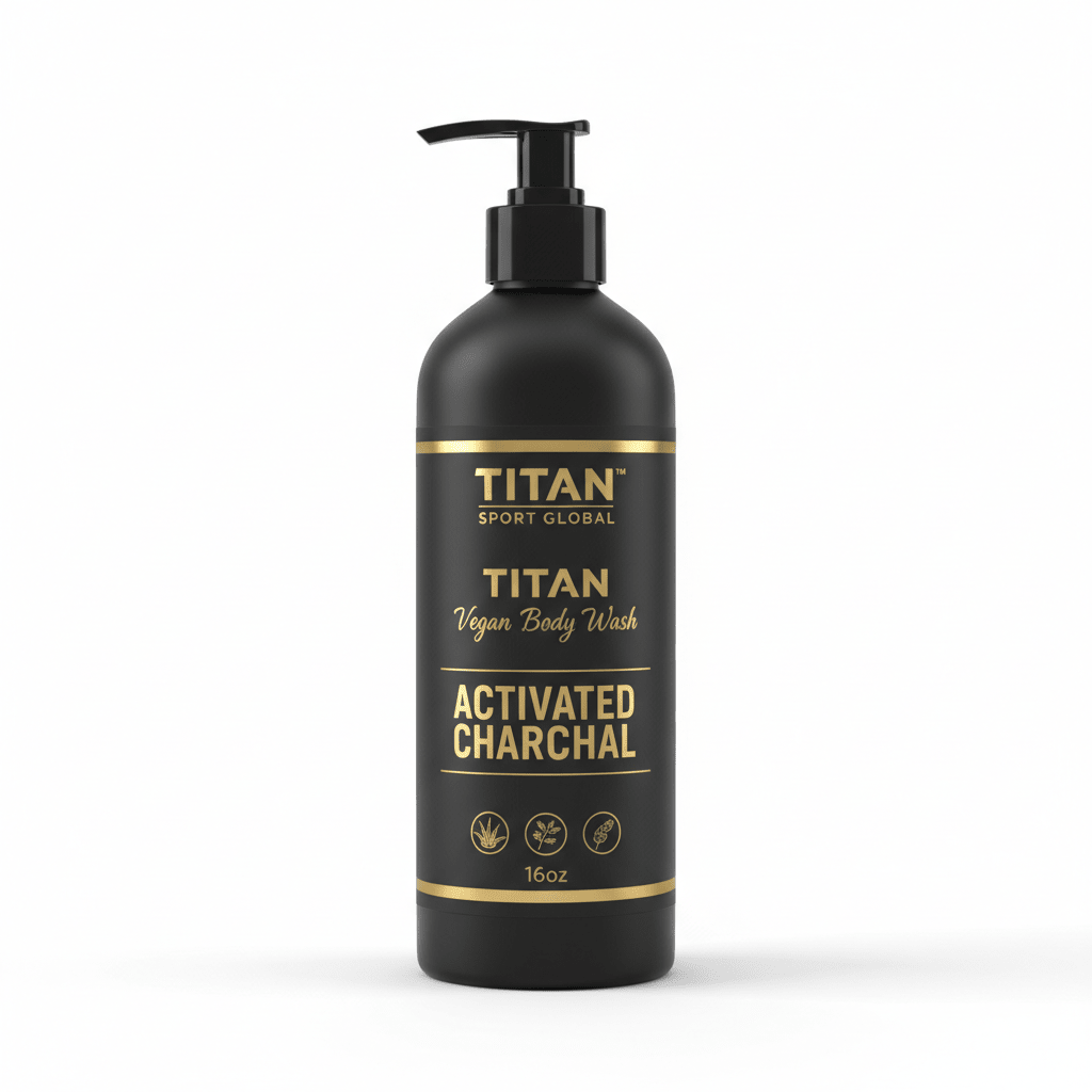 Matte black 16oz pump bottle of Titan Vegan Body Wash with gold text and graphics on a clean white background.
