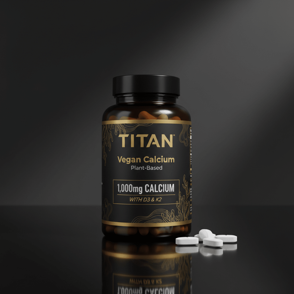 Amber bottle of TITAN Vegan Calcium with black label, gold text, botanical illustrations, and white tablets on table.