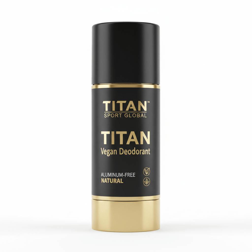 Black and gold TITAN Sport Global vegan deodorant stick with "Aluminum-Free" and "Natural" text on a white background.