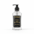 Clear 8oz pump bottle of TITAN Vegan Hand Sanitizer with black label and gold text against a white background.