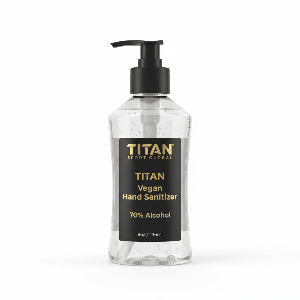 Clear 8oz pump bottle of TITAN Vegan Hand Sanitizer with black label and gold text against a white background.