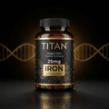 TITAN Vegan Iron supplement bottle in black and gold with plant illustrations, centered against a DNA helix background.