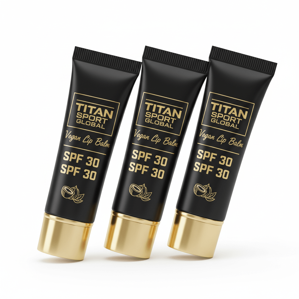 Three matte black TITAN SPORT GLOBAL vegan lip balm tubes with gold caps, featuring gold SPF 30 and coconut icons.