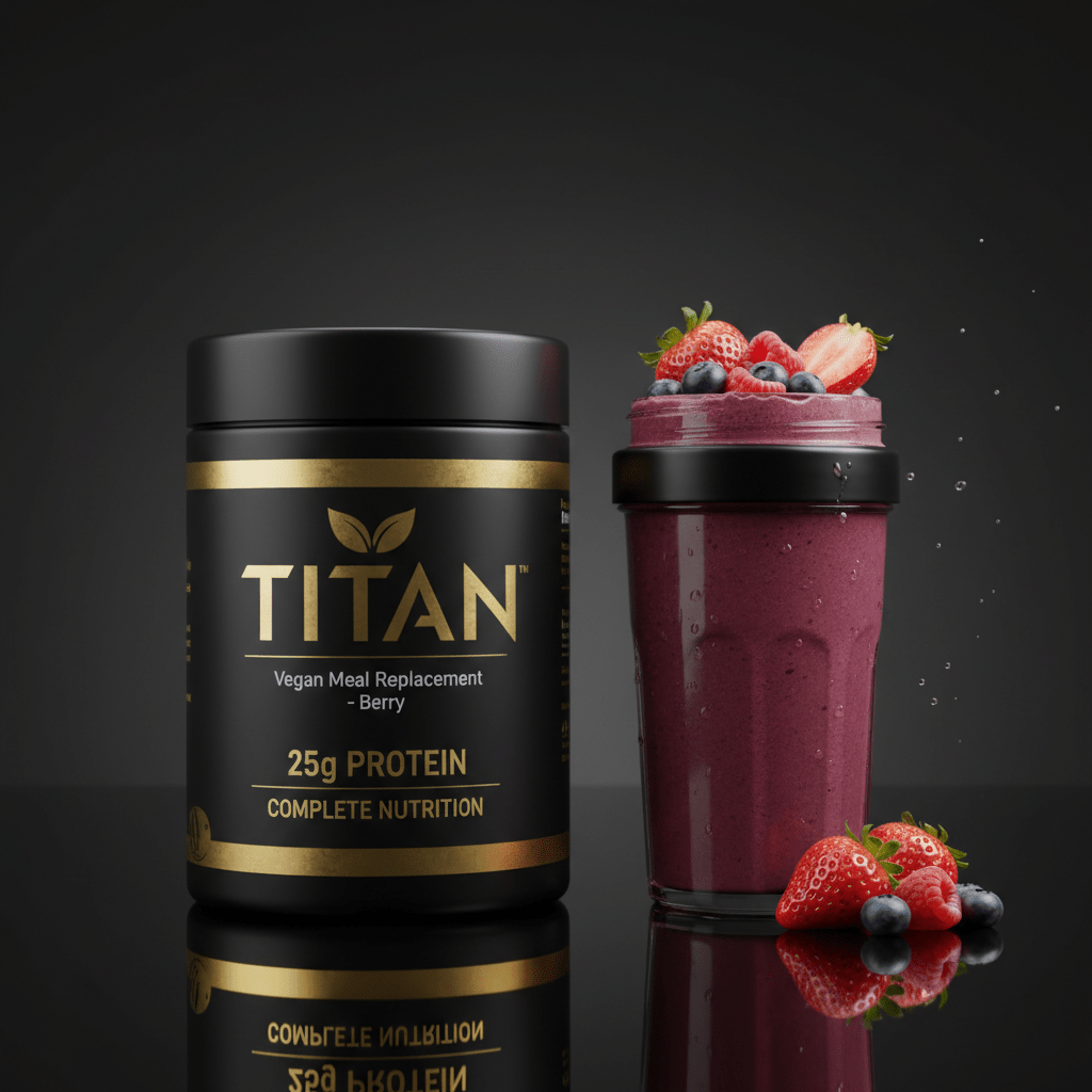 Black tub of TITAN Vegan Berry Meal Replacement with gold text, beside a berry smoothie in a black-rimmed glass.
