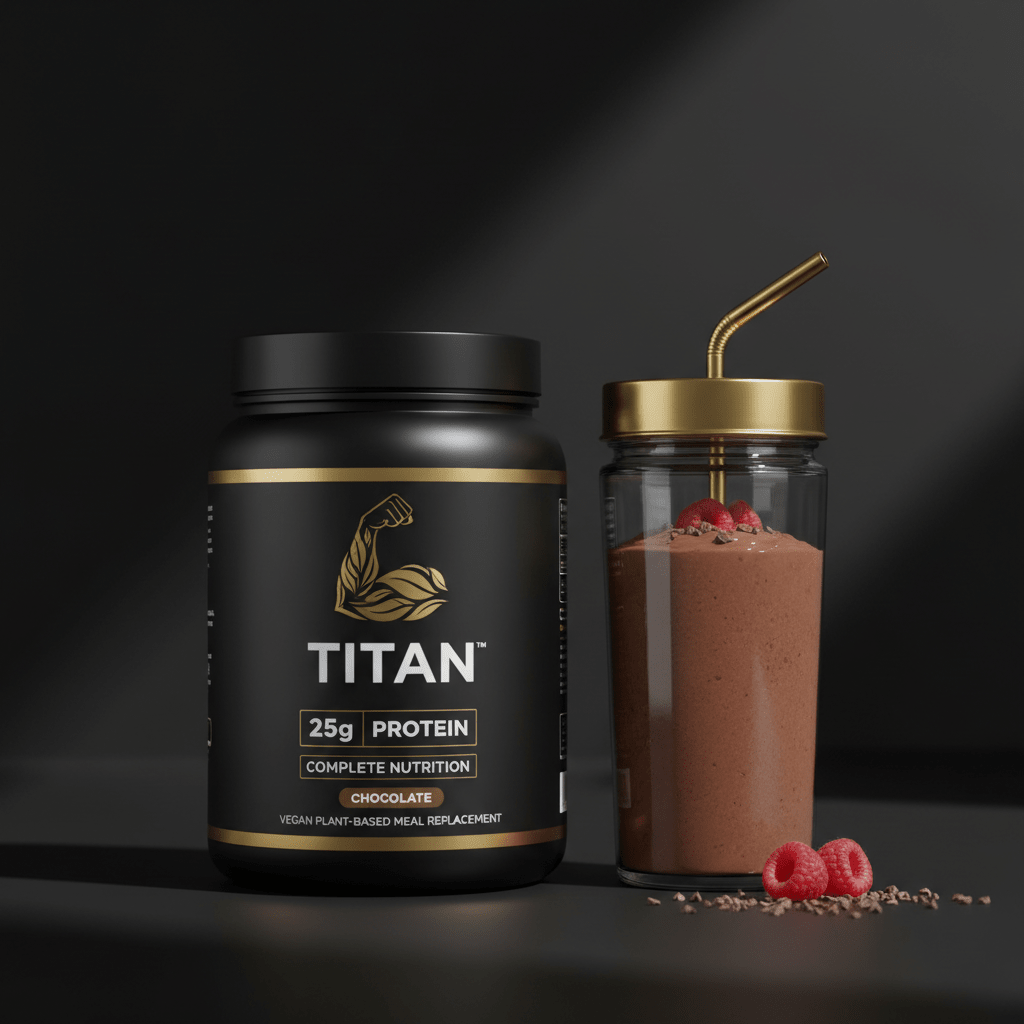 Black TITAN vegan protein tub with gold branding, beside a chocolate smoothie in a glass with a gold straw and berries.