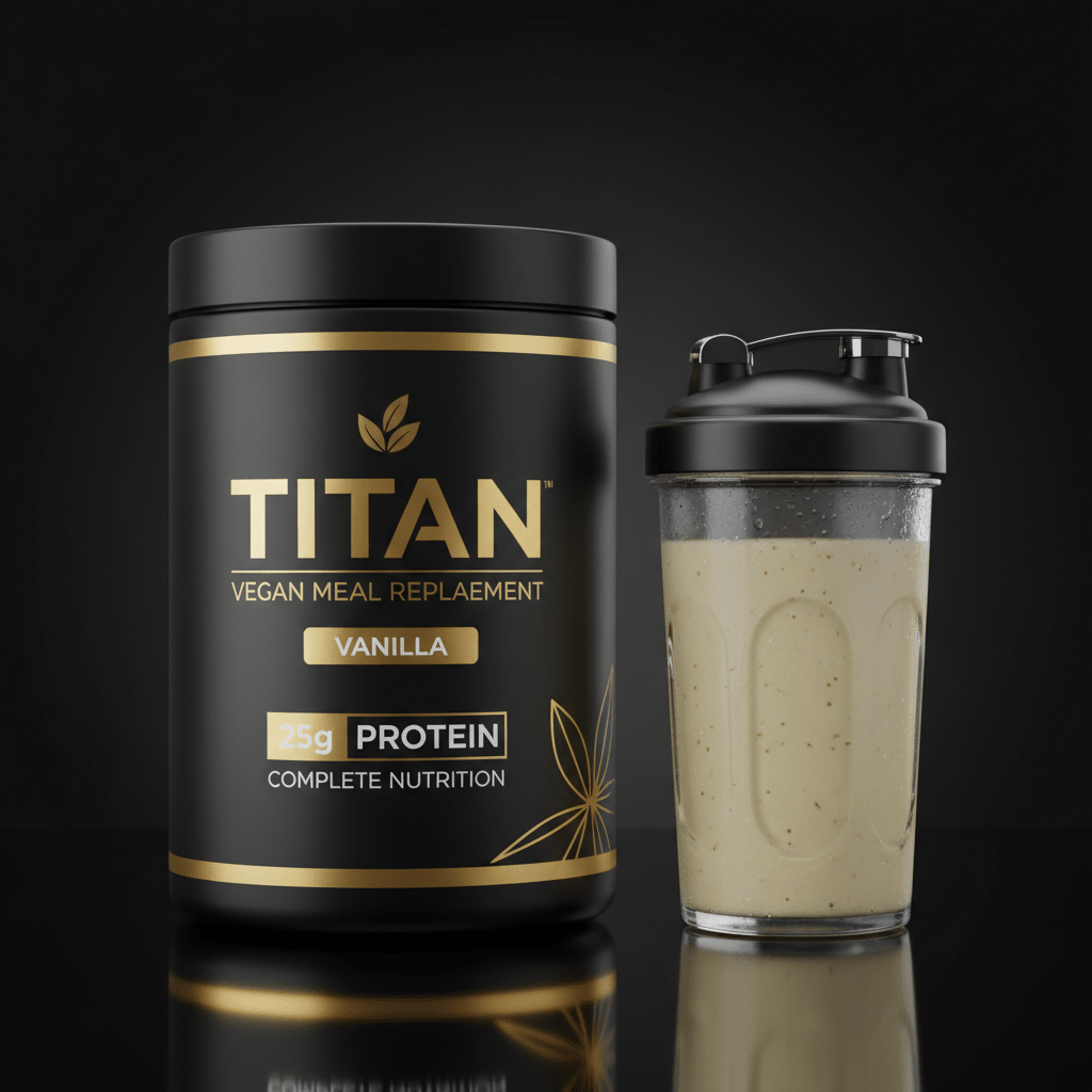 TITAN Vegan Vanilla meal replacement tub with gold lettering next to a shaker bottle of prepared shake on black surface.