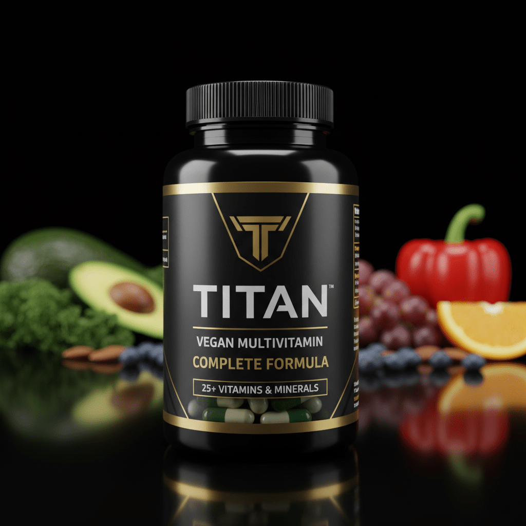 Black bottle of TITAN Vegan Multivitamin with gold text, surrounded by fresh produce on a black reflective surface.