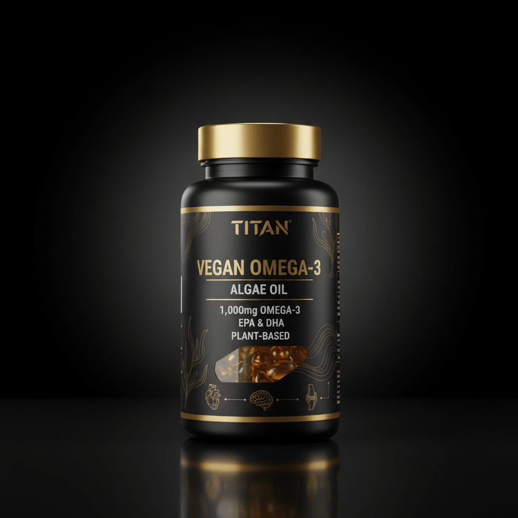 Black bottle of Titan Vegan Omega-3 with gold cap, branding, and a window showing golden softgel capsules.