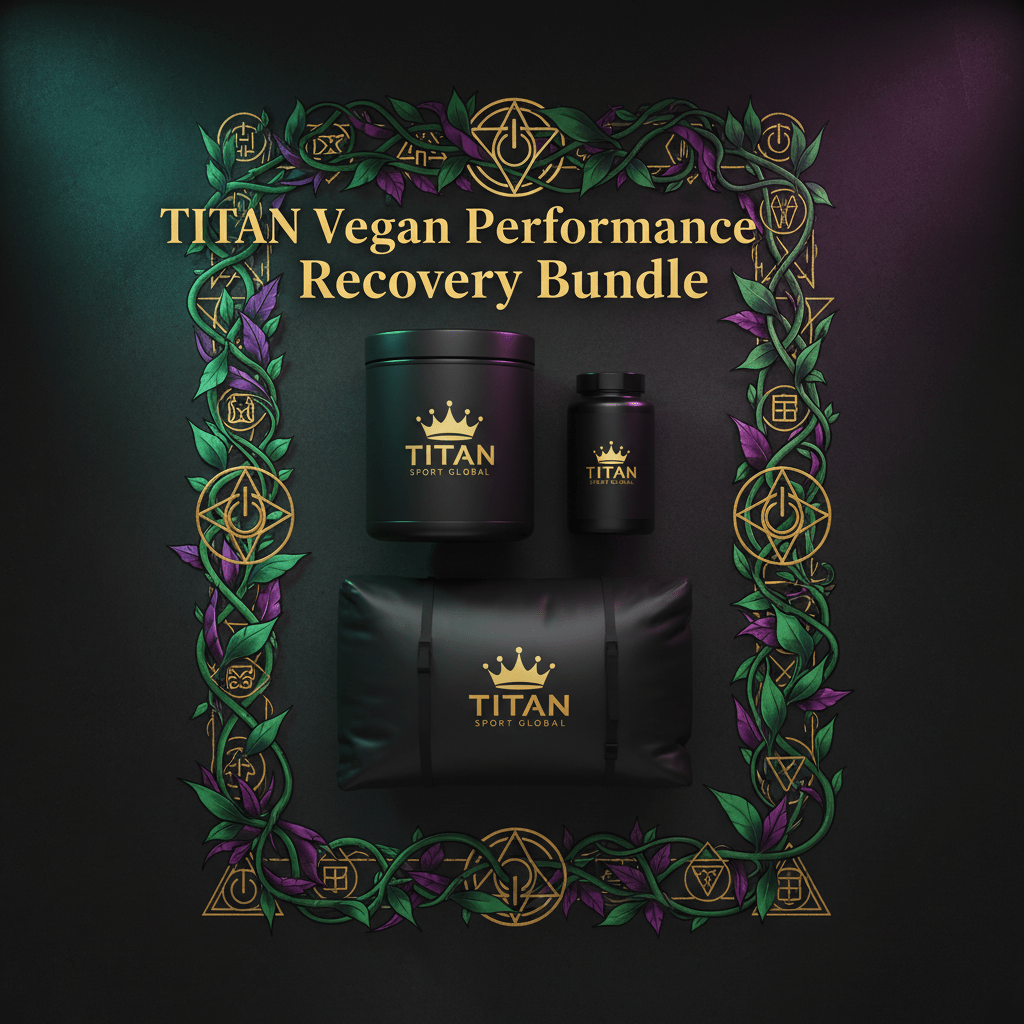 TITAN Vegan Performance Recovery Bundle: black containers with gold crowns, framed by ornate vines on a dark background.