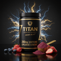 TITAN Vegan Pre-Workout Berry Blast tub with gold text, surrounded by berries, gold scoop, and blue lightning effects.