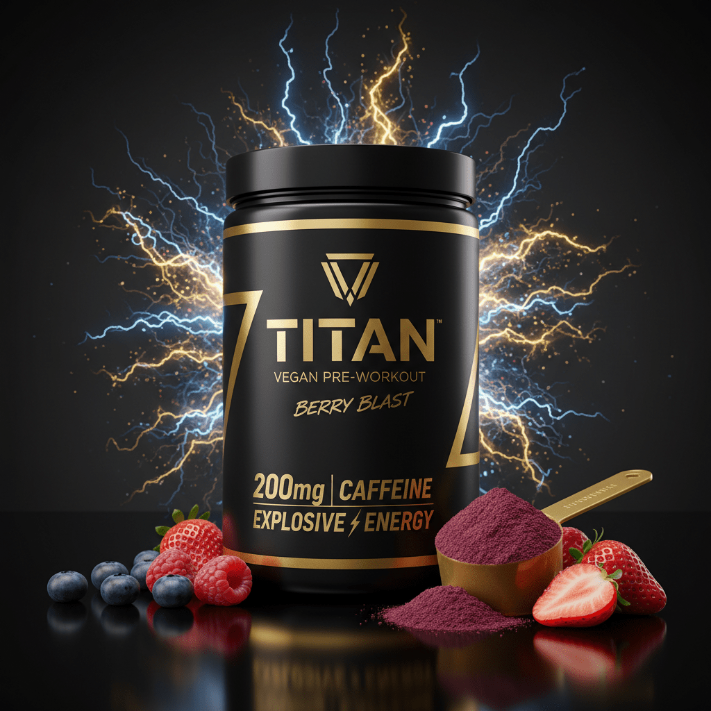 TITAN Vegan Pre-Workout Berry Blast tub with gold text, surrounded by berries, gold scoop, and blue lightning effects.