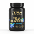 Black tub of Titan Vegan Pre-Workout, Blue Raspberry flavor, featuring gold text, icons, and blue raspberry graphics.