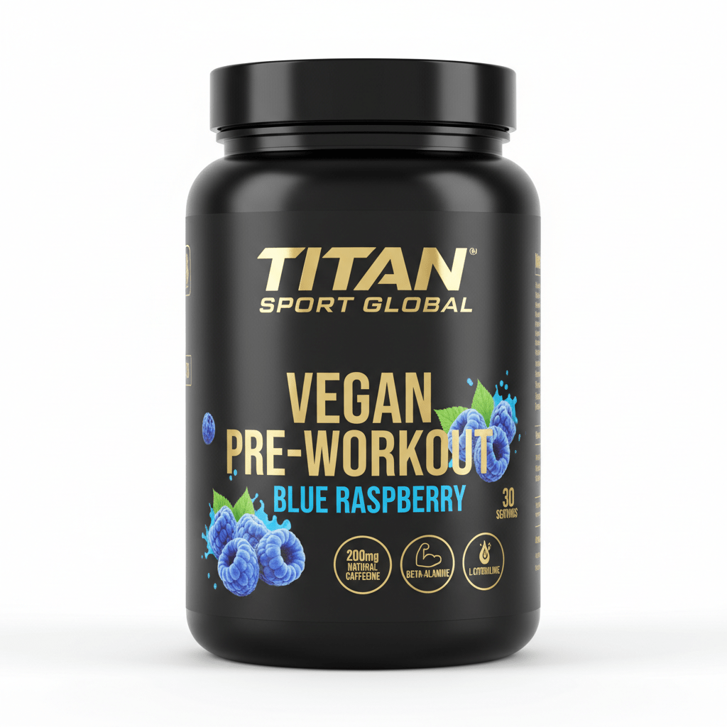 Black tub of Titan Vegan Pre-Workout, Blue Raspberry flavor, featuring gold text, icons, and blue raspberry graphics.