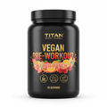Black tub of Titan Vegan Pre-Workout, Fruit Punch flavor, with gold text and graphics of sliced fresh fruit.