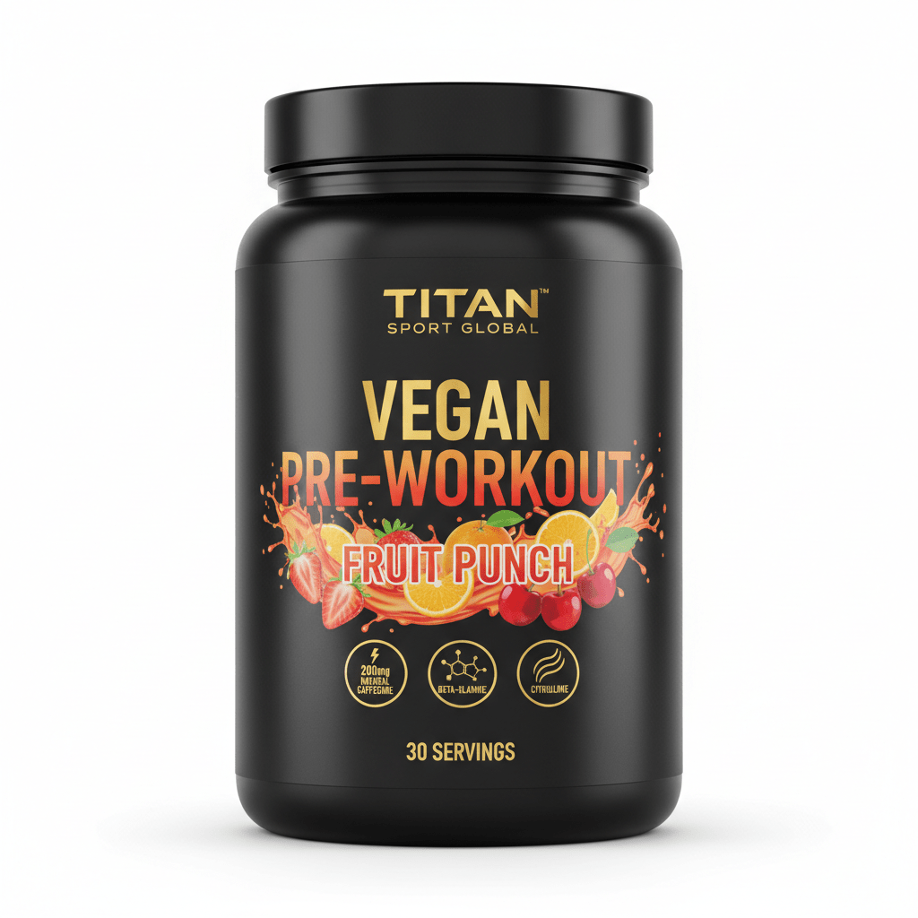 Black tub of Titan Vegan Pre-Workout, Fruit Punch flavor, with gold text and graphics of sliced fresh fruit.