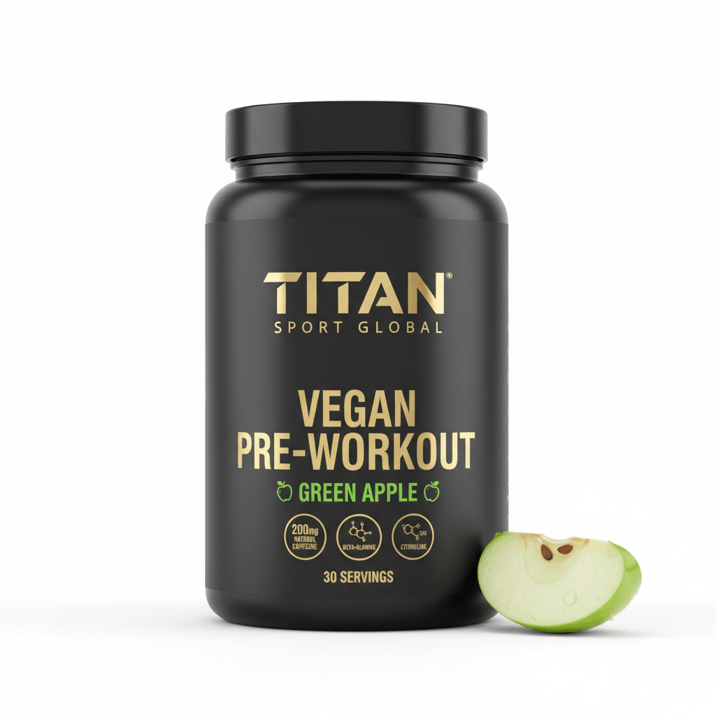Black tub of Titan Vegan Pre-Workout with gold text, "Green Apple" label, and a sliced green apple on a white base.