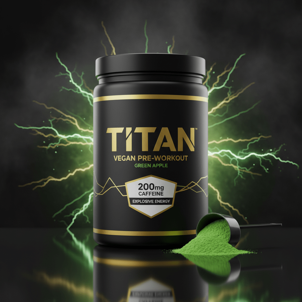Black tub of TITAN Green Apple vegan pre-workout with gold text, 200mg caffeine badge, and green lightning effects.