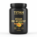 Black tub of Titan Vegan Pre-Workout, Tropical Mango flavor, with gold text and mango graphic on a white background.
