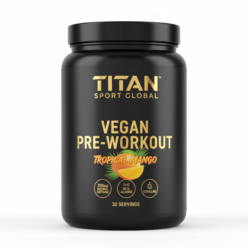 Black tub of Titan Vegan Pre-Workout, Tropical Mango flavor, with gold text and mango graphic on a white background.
