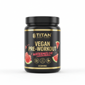 Black tub of Titan Vegan Pre-Workout in Watermelon flavor with gold text, watermelon slices, and 30 servings label.