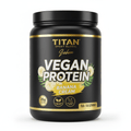 Black jar of Titan Vegan Protein Banana Cream, 2lb, featuring gold text, banana slices, and palm leaf illustrations.