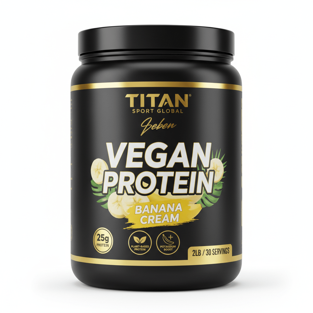Black jar of Titan Vegan Protein Banana Cream, 2lb, featuring gold text, banana slices, and palm leaf illustrations.