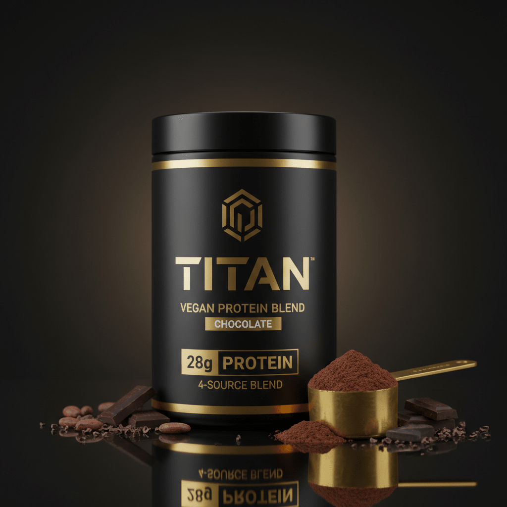Black container of TITAN Vegan Chocolate Protein with gold accents, 28g protein label, scoop of powder, and cocoa.