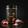 Black tub of Titan Vegan Protein (Strawberry) with gold text, 28g protein, and fresh strawberries with pink powder.