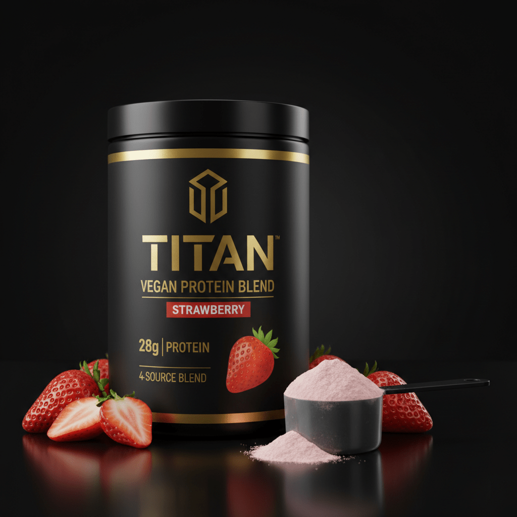 Black tub of Titan Vegan Protein (Strawberry) with gold text, 28g protein, and fresh strawberries with pink powder.