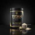 Black jar of TITAN Vanilla Vegan Protein with gold text, scoop of powder, and vanilla beans on a reflective surface.