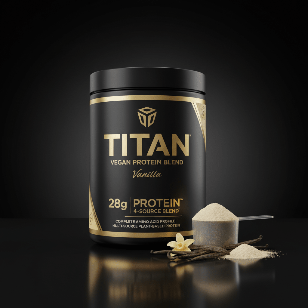 Black jar of TITAN Vanilla Vegan Protein with gold text, scoop of powder, and vanilla beans on a reflective surface.