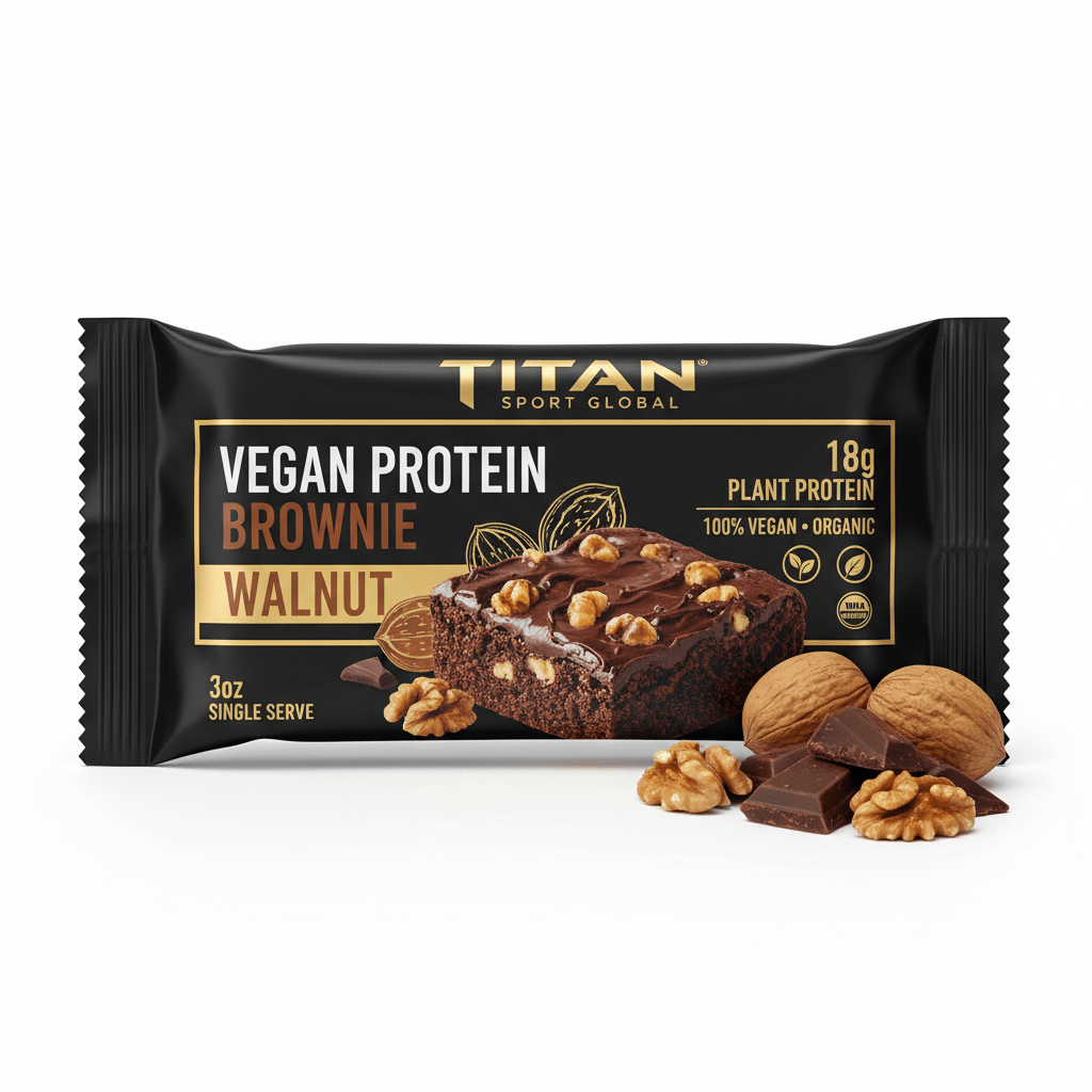 Black packaging for Titan Vegan Walnut Protein Brownie, featuring 18g protein text, brownie graphic, and whole walnuts.