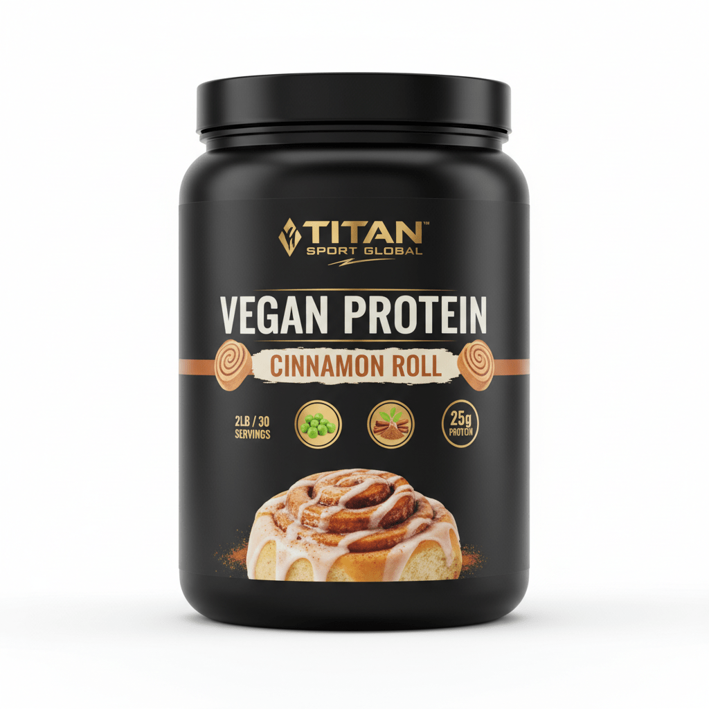 Black tub of Titan Vegan Protein, Cinnamon Roll flavor, 2lb. Features cinnamon roll graphic, pea, and spice icons.