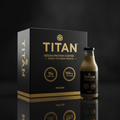 Black box and bottle of TITAN Vegan Protein Coffee Mocha with gold lettering, 15g protein, and 150mg caffeine.