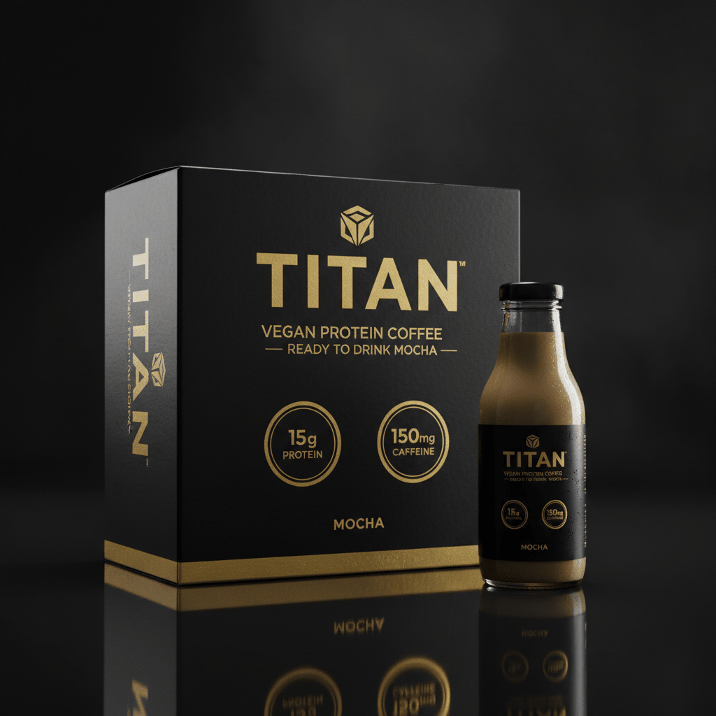 Black box and bottle of TITAN Vegan Protein Coffee Mocha with gold lettering, 15g protein, and 150mg caffeine.
