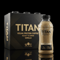 TITAN Vegan Protein Coffee bottle in Vanilla, featuring 15g protein and 150mg caffeine, next to a matching 12-pack case.