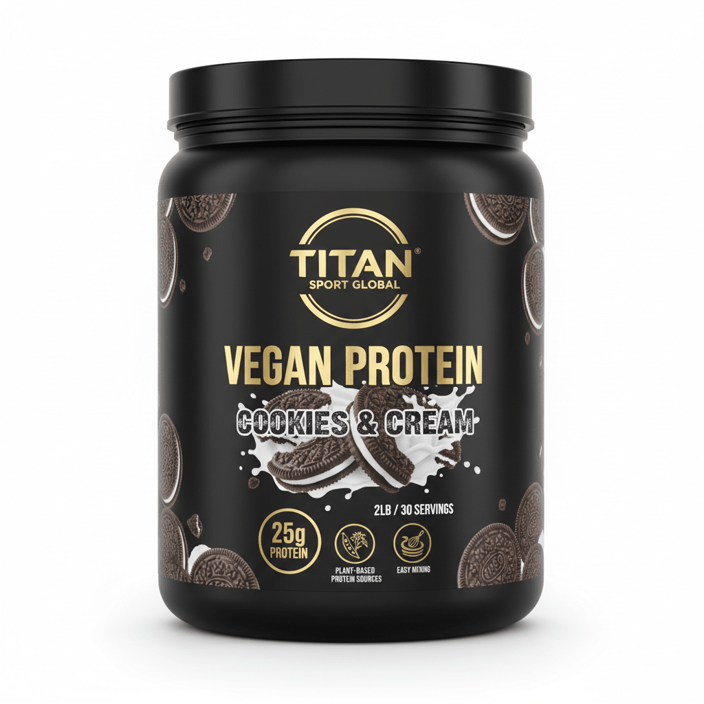 Black tub of TITAN Vegan Protein, Cookies & Cream flavor, with gold text, cookie illustrations, and milk splashes.