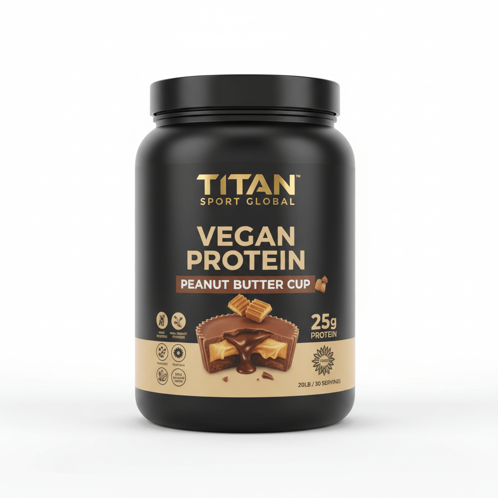 Black tub of Titan Vegan Protein, Peanut Butter Cup flavor, 25g protein, with a graphic of a peanut butter cup.