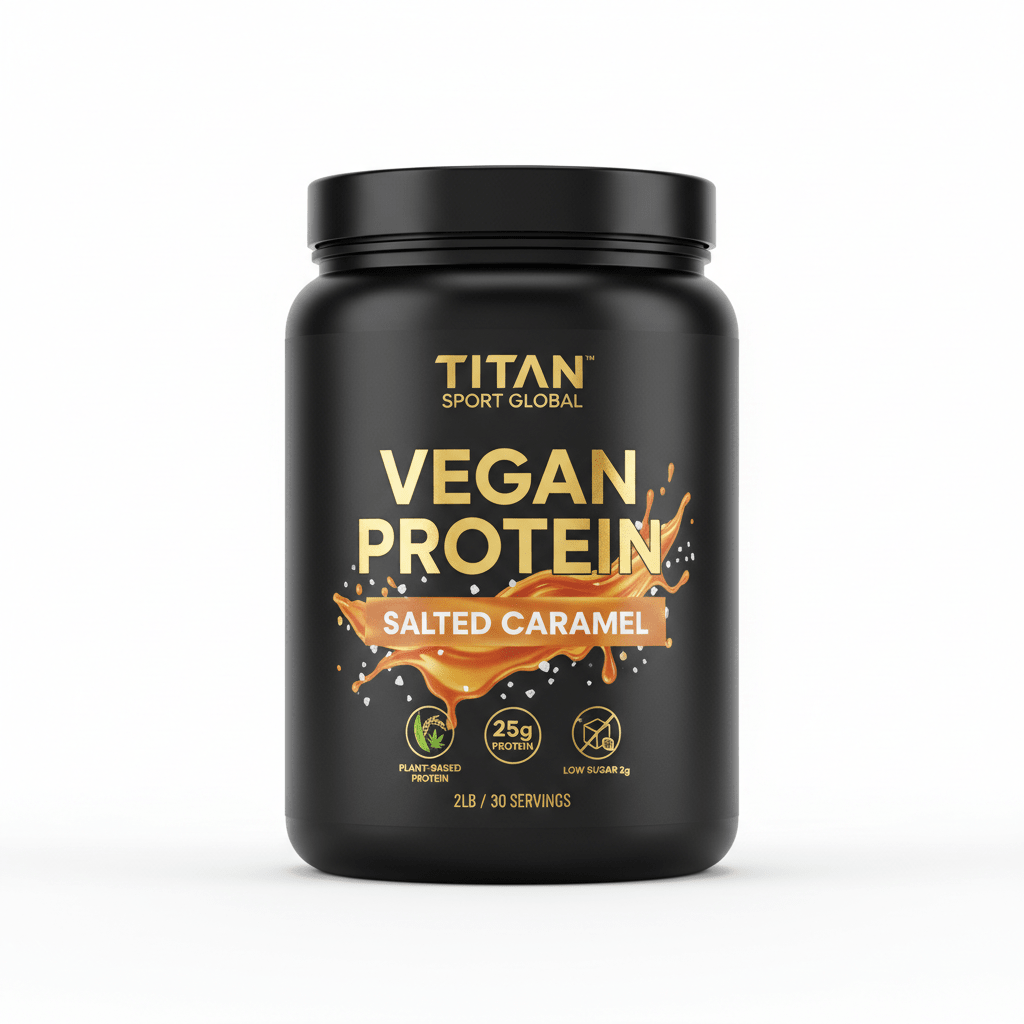 Black tub of TITAN Vegan Protein, Salted Caramel flavor, with gold text, caramel splash, and protein stats.