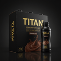 TITAN black-and-gold vegan protein shake carton and bottle with chocolate splash graphic, 20g protein, dark background.