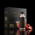 TITAN Vegan Protein Strawberry shake bottle and black box featuring gold text, 20g protein, and fresh strawberries.