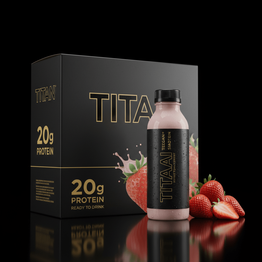 TITAN Vegan Protein Strawberry shake bottle and black box featuring gold text, 20g protein, and fresh strawberries.