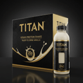 TITAN vanilla vegan protein shake bottle and matching black and gold box featuring a 20g protein splash graphic.